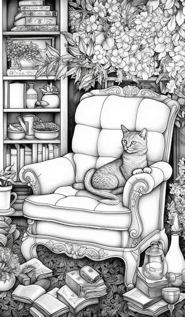 Premium AI Image | a drawing of a cat sitting on a chair in a garden generative ai