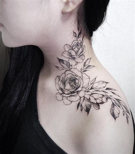 tatouage-rose-ligne-fine-nuque-épaule-femme | Rose neck tattoo, Flower neck tattoo, Neck tattoo