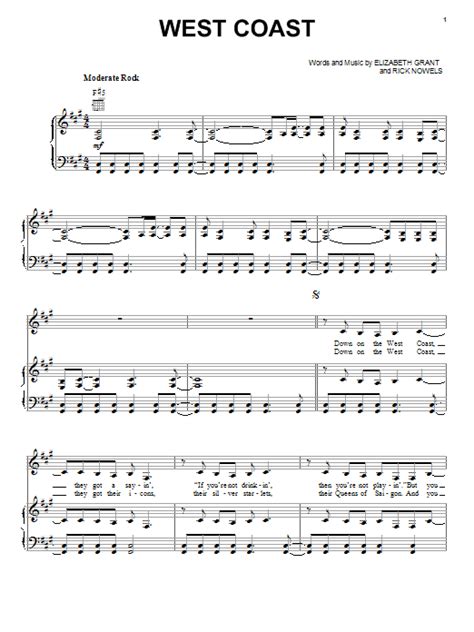 West Coast by Lana Del Rey Sheet Music for Piano, Vocal & Guitar Chords (Right-Hand Melody) at ...