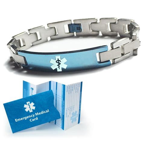 Men's Stainless Steel Box Link Custom Engraved Medical Alert ID Bracelet, Translucent Blue ...