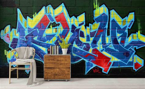 3D Green Background Abstract Blue Letter Graffiti Art Wall Mural Wallp – Jessartdecoration