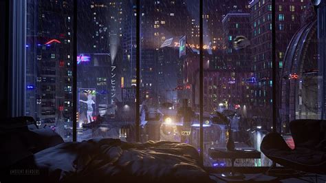 Spend The Night In This Futuristic Apartment | Tokyo CyberPunk City Ambience | Rain On Window ...