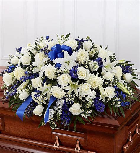 Blue & White Mixed Half Casket Cover | Funeral Flower Arrangements