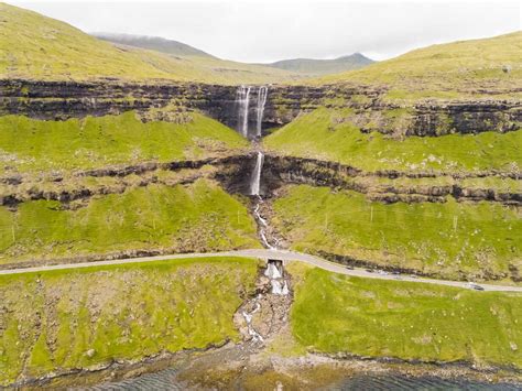 Aerial view of breathtaking Fossá waterfall, Faroe Island. stock photo