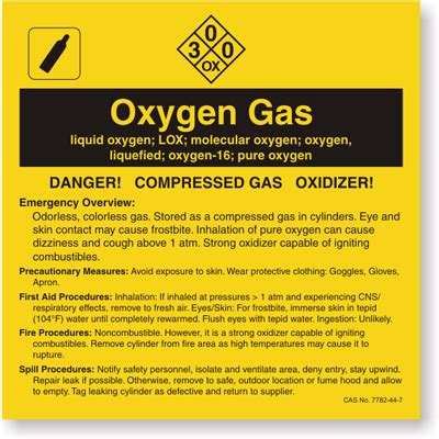 Cylinder Shoulder Label For Class Oxygen: Oxygen, Compressed Warning High Pressure UN 1072 ...