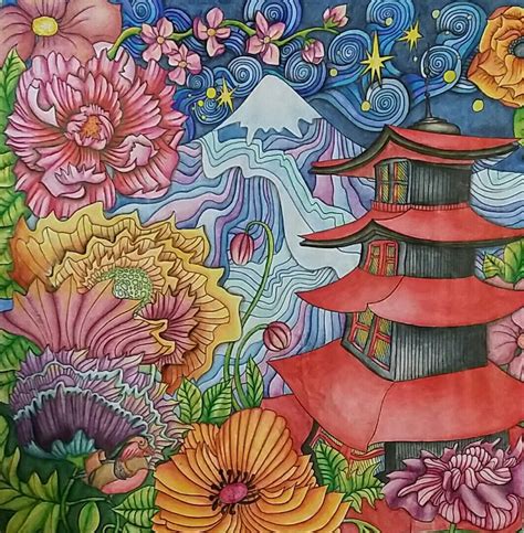 The Magical City adult coloring book. "Mount Fugi" page. Colored by ...