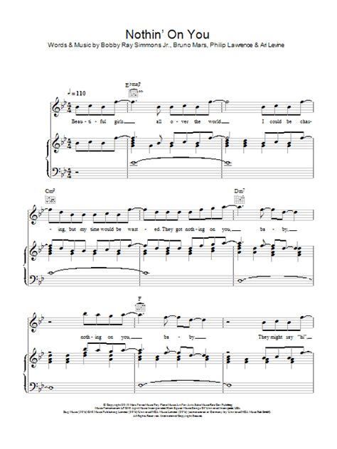 Nothin' On You by B.o.B. featuring Bruno Mars Sheet Music for Piano, Vocal & Guitar Chords at ...