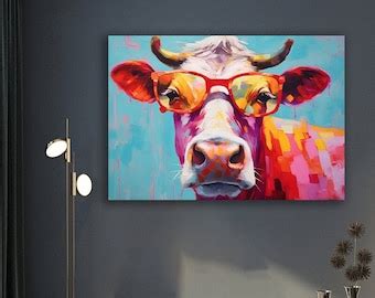 Funny Cow With Glasses Canvas Painting, Colourful Cow Canvas Print, Cow ...