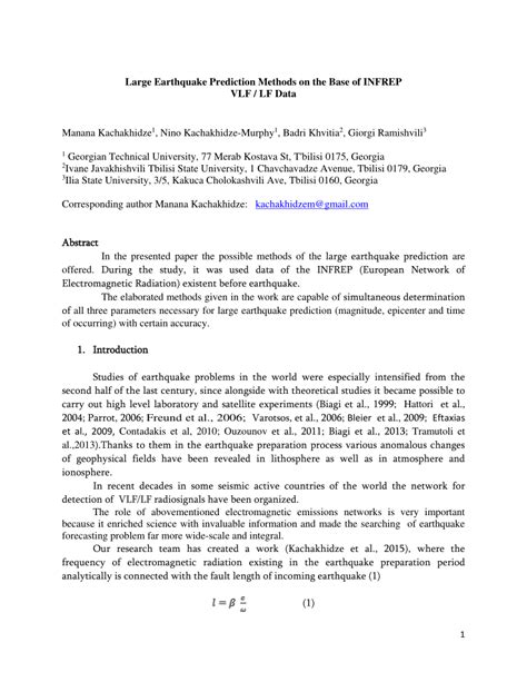 (PDF) Large Earthquake Prediction Methods on the Base of INFREP VLF ...