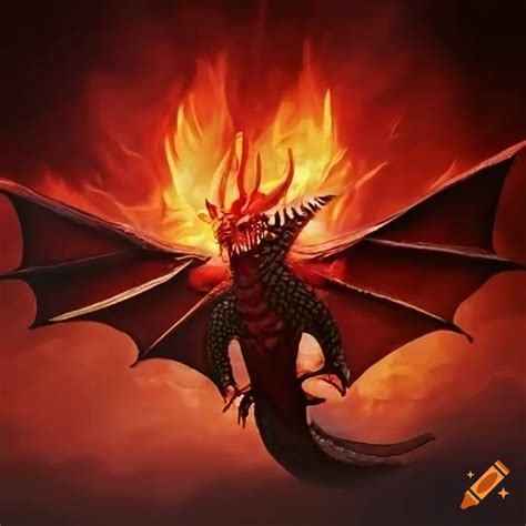 Red dragon breathing fire and flying on Craiyon