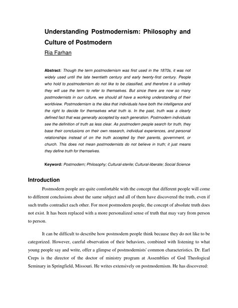 (PDF) Understanding Postmodernism: Philosophy and Culture of Postmodern