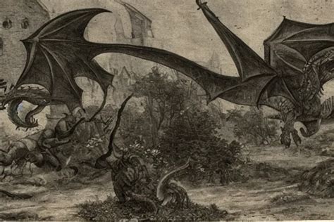 very old photo of dragon attacking the medieval village | Stable ...