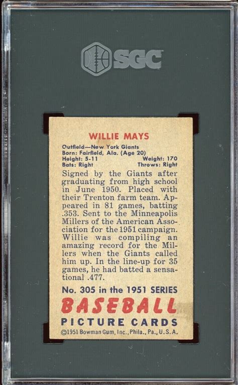 1951 Bowman Willie Mays Rookie Card #305 HOF RC - Certified SGC 2 (Good ...