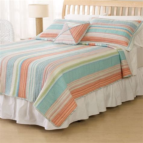 CORAL STRIPE ** King ** QUILT SET : BLUE GREEN COTTON BEACH PASTEL ...