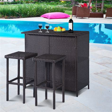 Costway 3-Piece Wicker Outdoor Patio Bar Set with Table & 2 Stools, Brown - Walmart.com ...