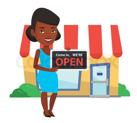 African shop owner holding open signboard. | Stock vector | Colourbox