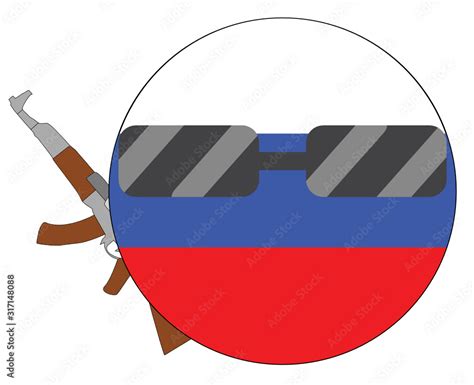 Cool Russia flag emoji. Round Russian flag emoticon wearing sunglasses and holding a machine gun ...