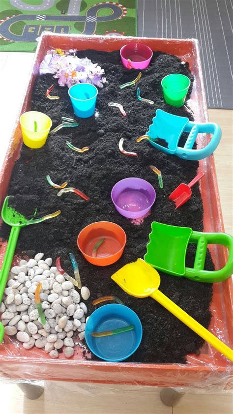 Garden sensory table. What you'll need: soil, pebbles, flowers, spades ...