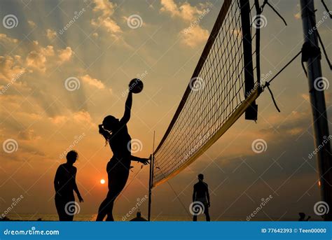 Beach Volleyball Silhouette at Sunset , Blurred Stock Image - Image of ...