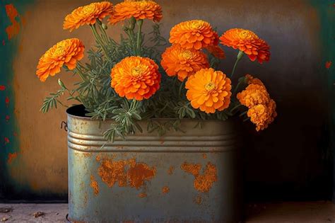 Premium Photo | Bouquet of orange marigold flowers in metal jar