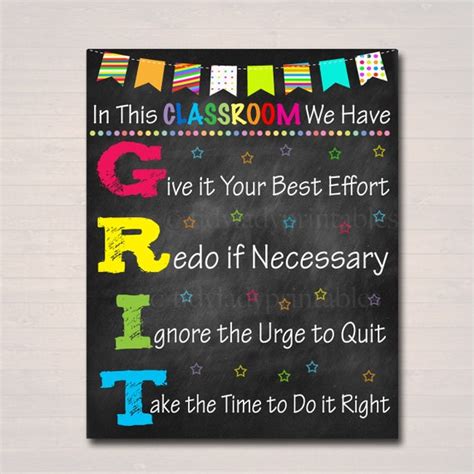 GRIT Acronym Poster, Growth Mindset, INSTANT DOWNLOAD, Printable ...