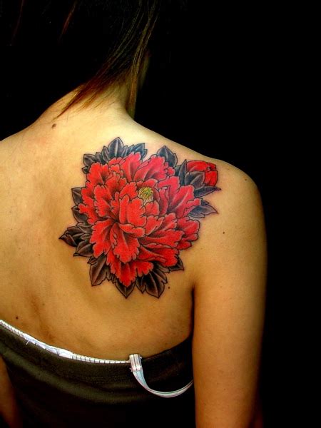 Back & shoulder red carnation flower tattoo