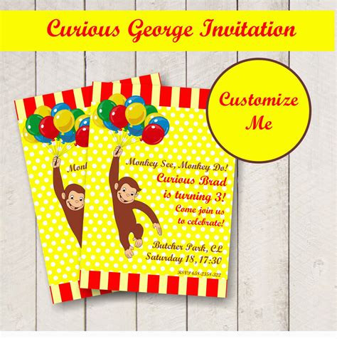 Curious George Birthday Invites Editable Curious George Party ...