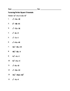 Worksheet: Factoring Perfect Square Trinomials by No-Frills Math Practice