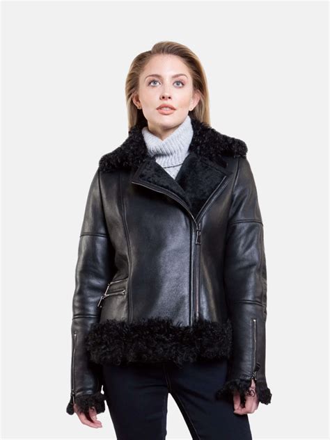 Biker Style Shearling Black Jacket - Leather Moto