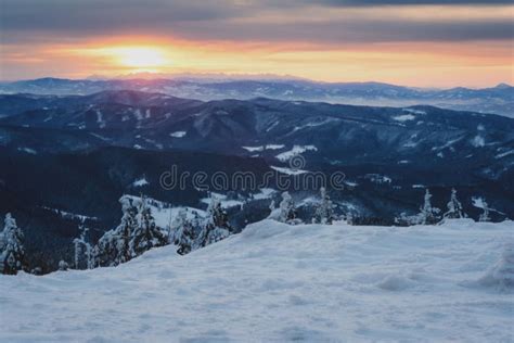 Sunrise in snowy mountains stock photo. Image of cold - 110725408