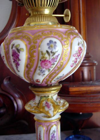 1870's Meissen Kerosene Lamp w Cranberry Etched Shade | Collectors Weekly