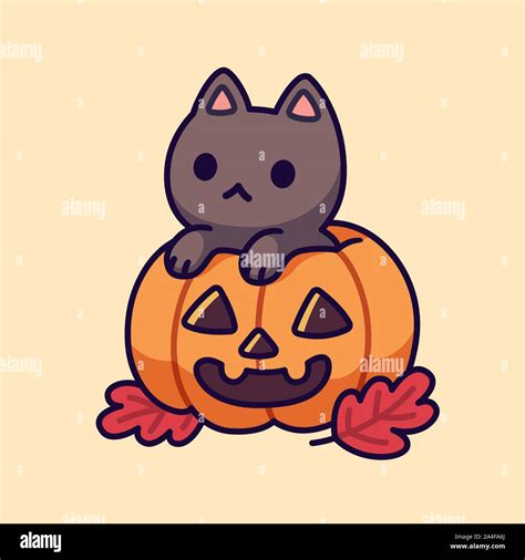 Cute black cat inside Halloween pumpkin with carved spooky face. Adorable kitten drawing, funny ...