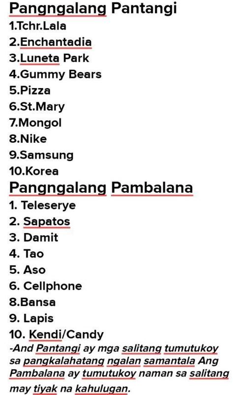 Magbigay ng 10 pangngalang pantangi at 10 pangngalang pambalana na ...