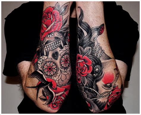 skull and roses tattoo on sleeve - Design of TattoosDesign of Tattoos