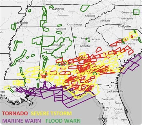 [map] Tornado and Severe Thunderstorm warnings across the Southeast yesterday : r/AtlantaWeather