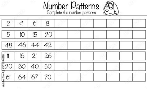 Puzzle game for children. Complete the number patterns. Preschool printable worksheet activity ...