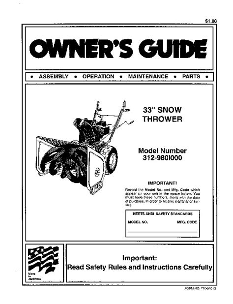 MTD 312-9801000 33-Inch Snow Blower Owners Manual