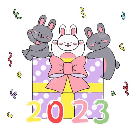 Rabbit Korean New Year 2023 Cartoon Style Gift Box Ribbon Gray White ...