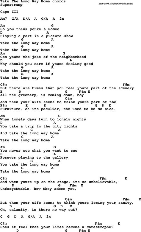 Song lyrics with guitar chords for Take The Long Way Home