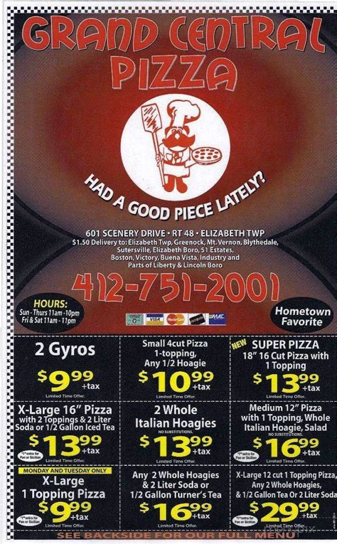 Menu of Central Pizza in Elizabeth, PA 15037