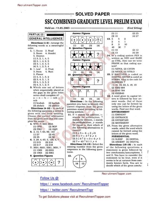 SSC CGL Previous Papers with Explaination Held 11.05.2003 1st Sitting | Paper, Previous year