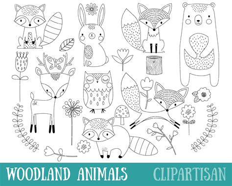 Woodland Animals Digital Stamp Line Art EPS Vector Graphics Coloring ...