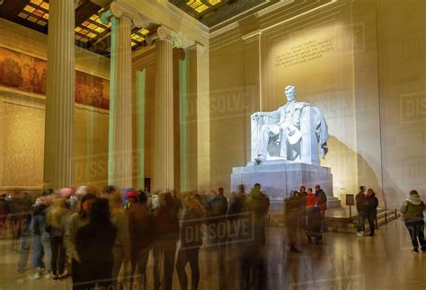 View of Lincoln statue in the Lincoln Memorial at night, Washington D.C., United States of ...