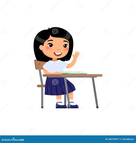 Asian School Girl Raising Hand in Classroom for Answer, Cartoon ...