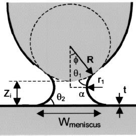 Schematics of a concave water meniscus formed between a sphere and a ...