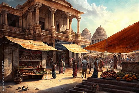 AI generated image of an ancient Indian market with many small shops ...