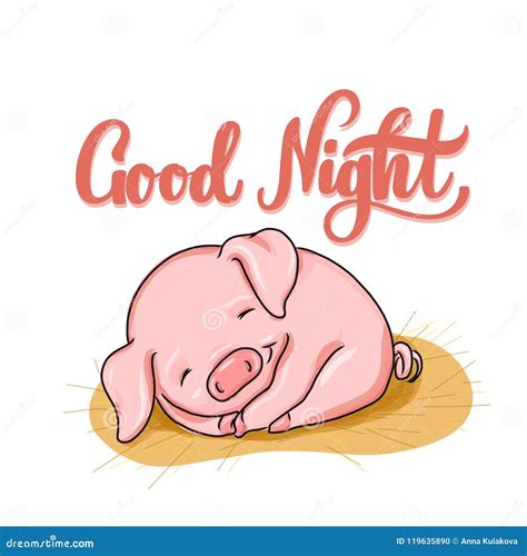 Good Night Hand Drawn Lettering with Sleeping Baby Pig Cartoon Illustration Stock Illustration ...