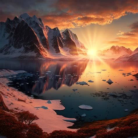 Sunset Wallpaper 4K, Arctic, Mountains, Lake, AI art