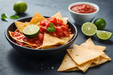 Premium Photo | A bowl of nachos with chips and salsa