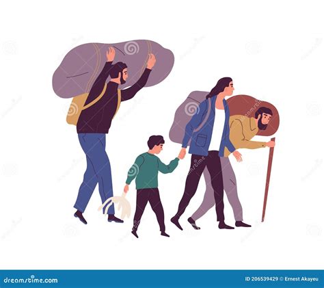 Group of Refugee People Carrying Huge Bags with Things Vector Flat Illustration. Man, Woman and ...